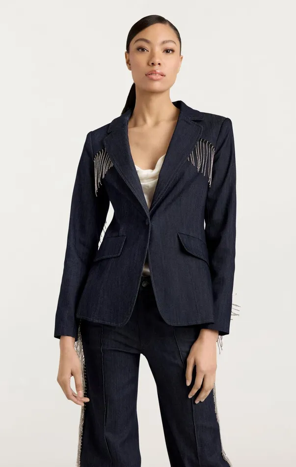 Women Denim Cinq Sept Rhinestone Sasha Blazer Indigo