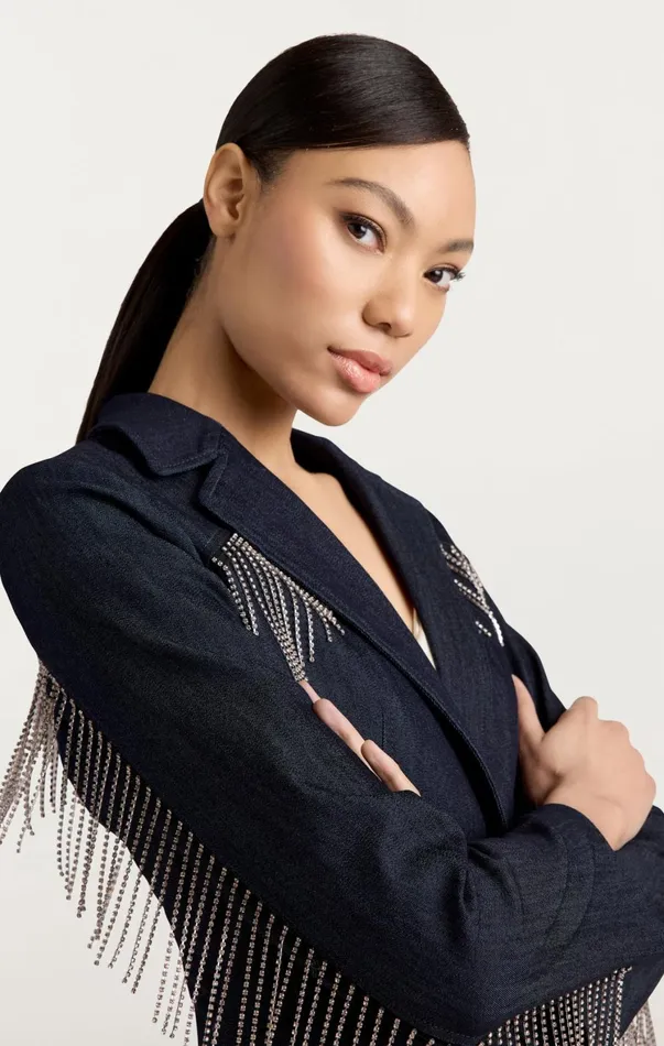 Women Denim Cinq Sept Rhinestone Sasha Blazer Indigo