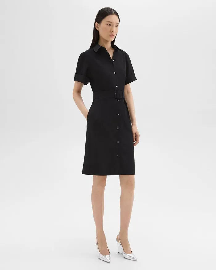 Women Dresses Theory Belted Shirt Dress In Stretch Wool Black