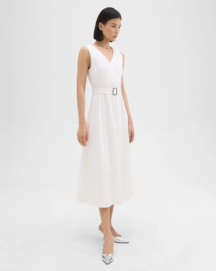 Women Dresses Theory VNeck Volume Dress In Good Linen White