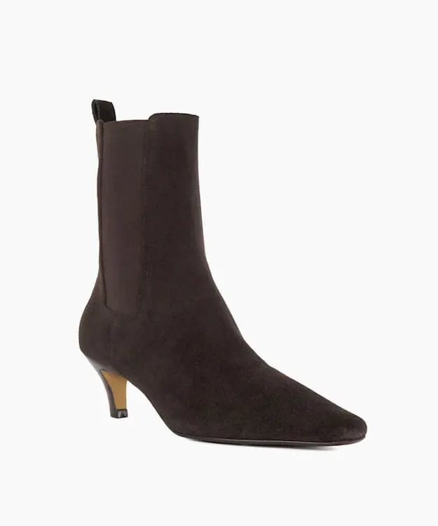 Women Dune London Ankle Boots Chiselled Toe Kitten Heel Chelsea Ankle Boots Brown