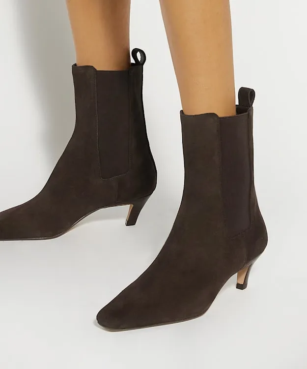 Women Dune London Ankle Boots Chiselled Toe Kitten Heel Chelsea Ankle Boots Brown