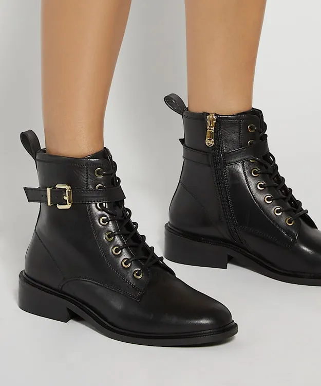 Women Dune London Ankle Boots Chunky Lace Up Buckle Boots Black