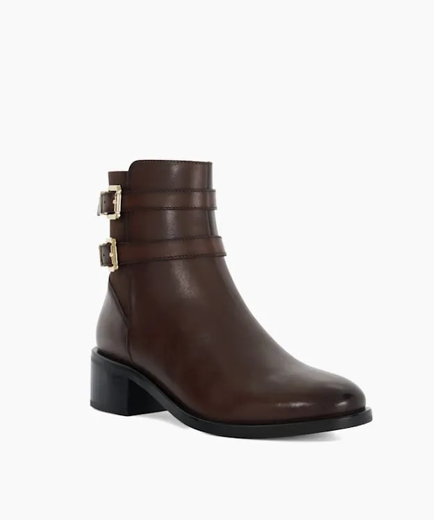 Women Dune London Ankle Boots Leather Double Buckle Block Heel Boots Brown