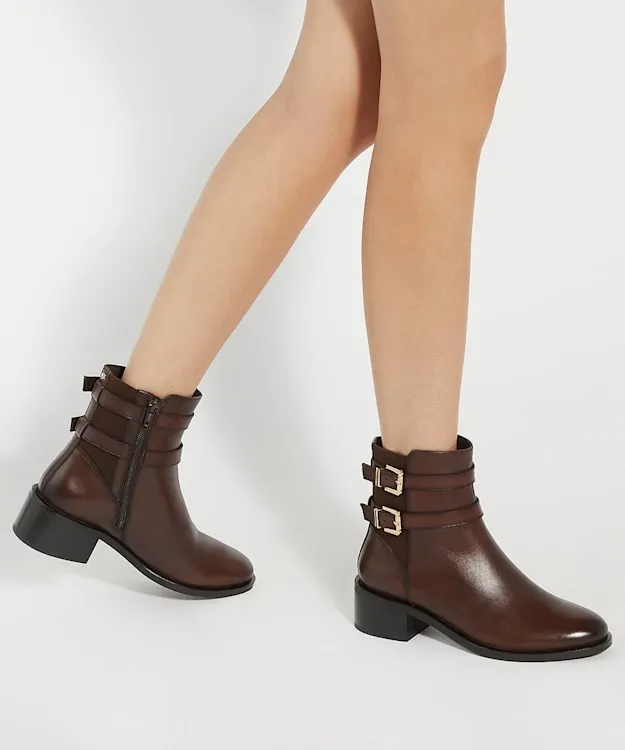 Women Dune London Ankle Boots Leather Double Buckle Block Heel Boots Brown