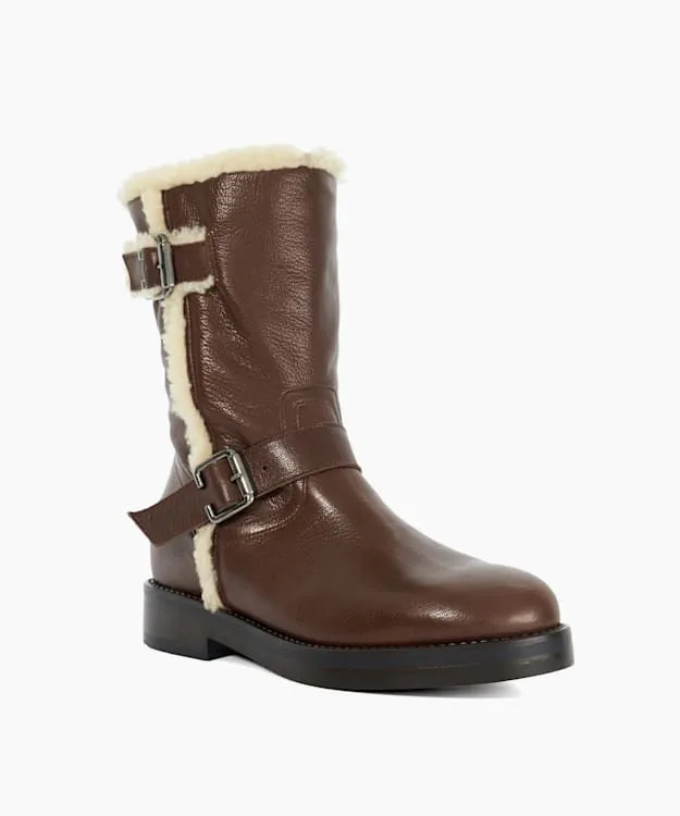 Women Dune London Flat Boots Faux Shearling Lined Boots Brown
