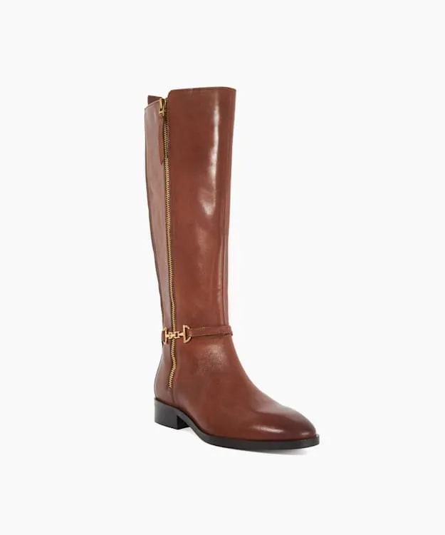 Women Dune London Flat Boots Riding Boots With Signature Buckle Detail Brown