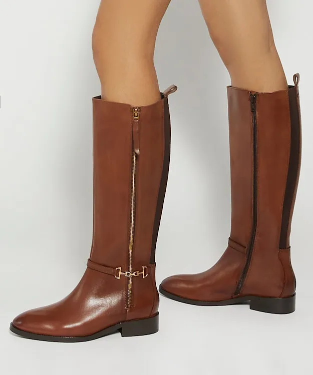 Women Dune London Flat Boots Riding Boots With Signature Buckle Detail Brown