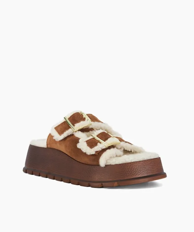 Women Dune London Flat Sandals Faux Shearling Lined Suede Double Strap Sandals Brown