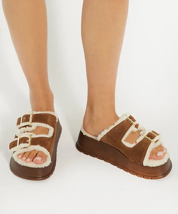 Women Dune London Flat Sandals Faux Shearling Lined Suede Double Strap Sandals Brown