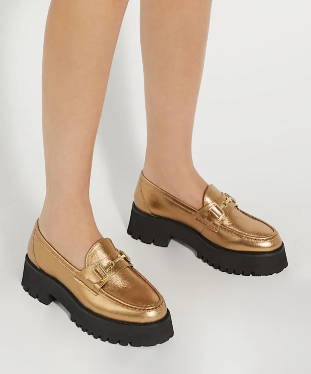 Women Dune London Flat Shoes Chunky Branded Snaffle Trim Loafer Metallic