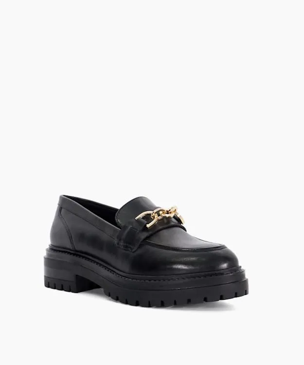 Women Dune London Flat Shoes Leather Chain Trim Chunky Loafers Black