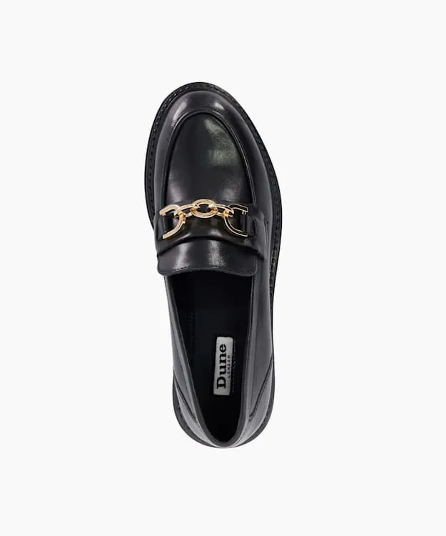 Women Dune London Flat Shoes Leather Chain Trim Chunky Loafers Black