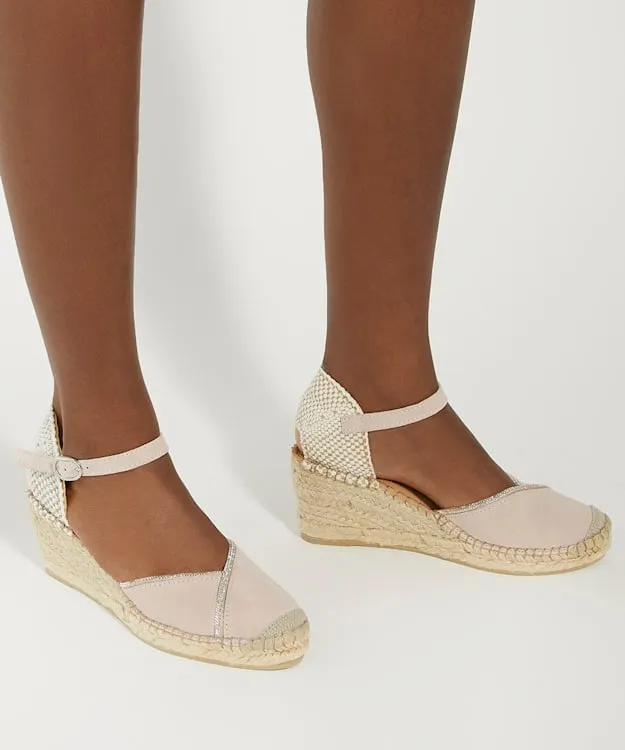Women Dune London Heeled Sandals Embellished Raffia Wedge Sandals Pink