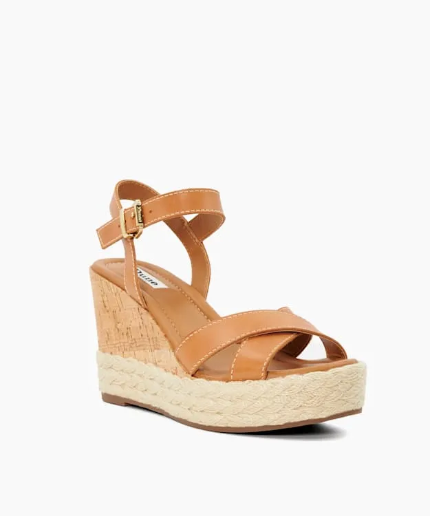 Women Dune London Heeled Sandals Leather Cork And Woven Wedge Sandals Brown