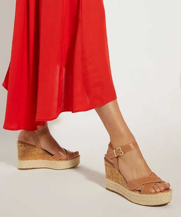 Women Dune London Heeled Sandals Leather Cork And Woven Wedge Sandals Brown