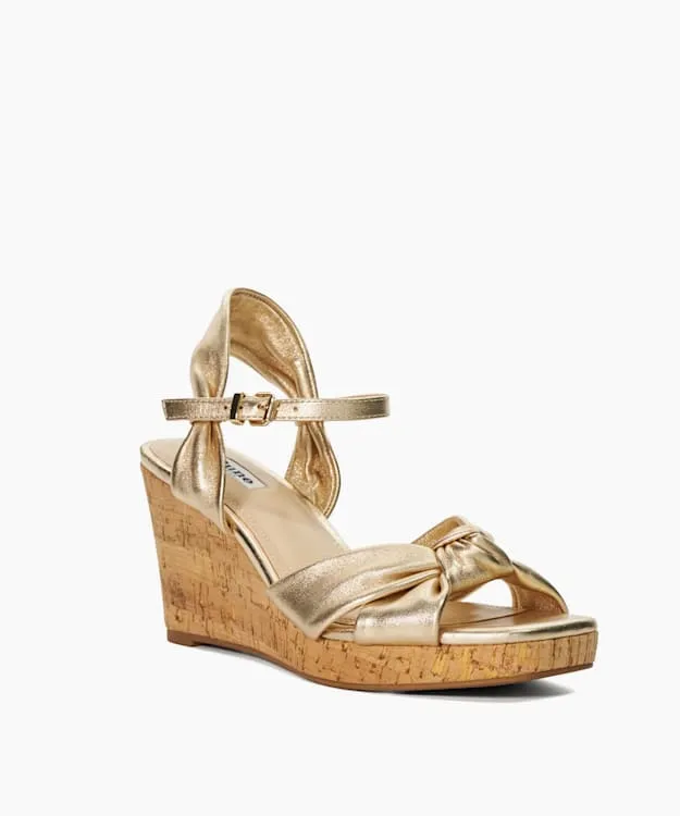 Women Dune London Heeled Sandals Leather Cork Wedge Metallic