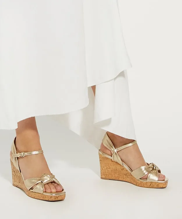 Women Dune London Heeled Sandals Leather Cork Wedge Metallic