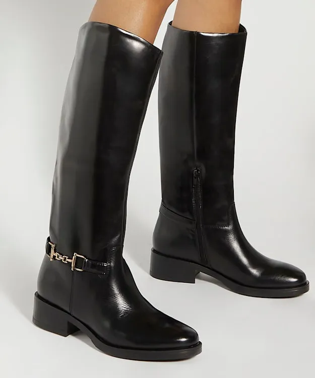Women Dune London Knee High Boots Premium Leather Knee High Riding Boots Black