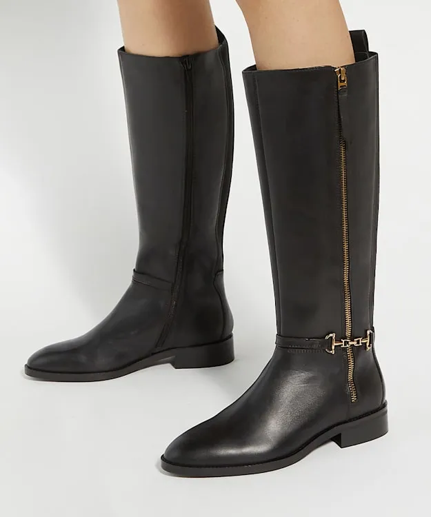 Women Dune London Knee High Boots Riding Boots With Signature Buckle Detail Black