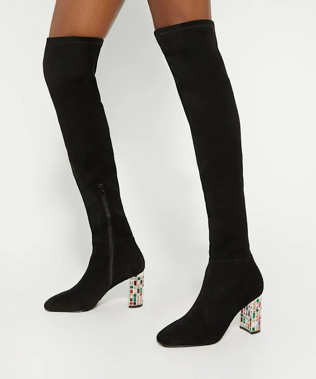 Women Dune London Over The Knee Boots Over The Knee Jewel Heel Boots Black