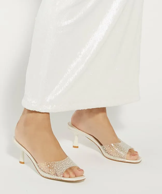 Women Dune London Wedding Shoes Sea Pearl Embellished Vinyl Wedding Mules White