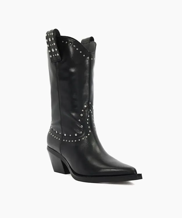 Women Dune London Western Cowboy Boots Embellished Block Heel Cowboy Boots Black