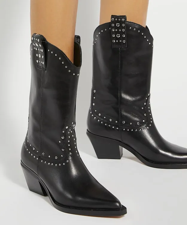 Women Dune London Western Cowboy Boots Embellished Block Heel Cowboy Boots Black