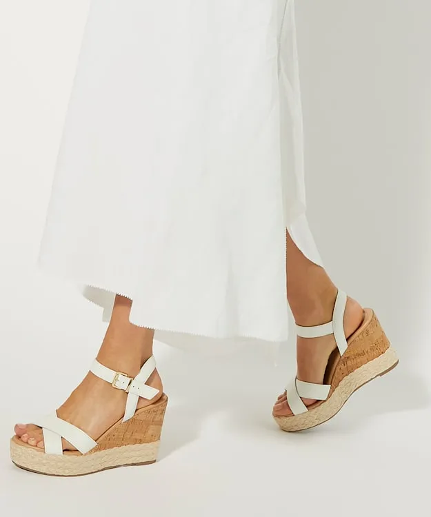 Women Dune London White Sandals Cork And Woven Wedge Sandals White