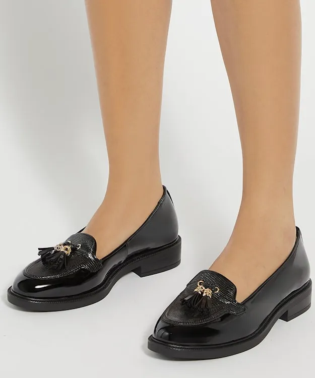 Women Dune London Wide Fit Shoes Wide Fit Patent Tassel Loafers Black