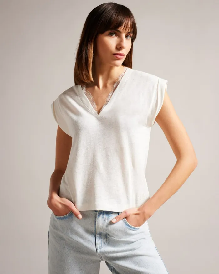 Women EFFIY 8211 VNeck Vest With Lace Neckline White Ted Baker Tops and Blouses
