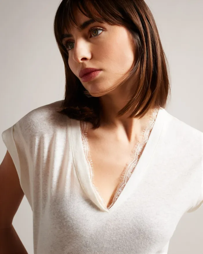 Women EFFIY 8211 VNeck Vest With Lace Neckline White Ted Baker Tops and Blouses