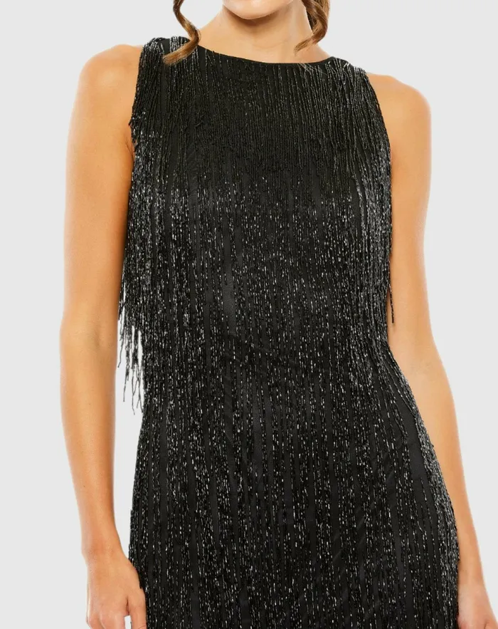 Women Embellished Beaded Fringe Dress Black Cocktail Dresses Mac Duggal
