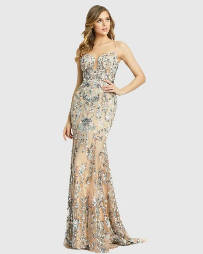Women Evening Gowns Mac Duggal Embroidered Spaghetti Strap Trumpet Gown Nude Multi