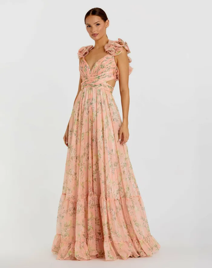 Women Evening Gowns Mac Duggal Pink Ruffle Tiered Floral CutOut Chiffon Gown Pink Multi
