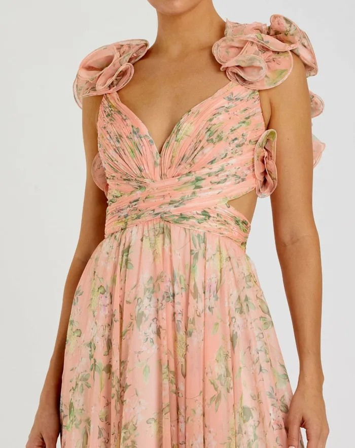 Women Evening Gowns Mac Duggal Pink Ruffle Tiered Floral CutOut Chiffon Gown Pink Multi