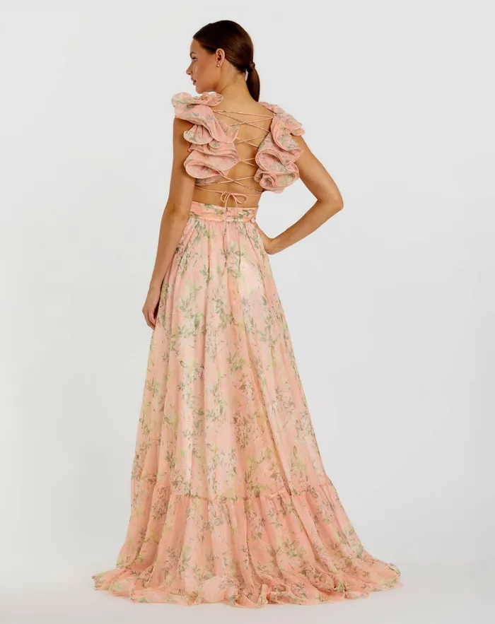 Women Evening Gowns Mac Duggal Pink Ruffle Tiered Floral CutOut Chiffon Gown Pink Multi