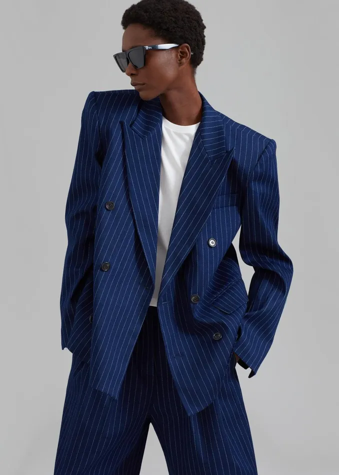 Women Fargo Oversized Denim Padded Blazer 8211 Navy Pinstripe The Frankie Shop Outerwear