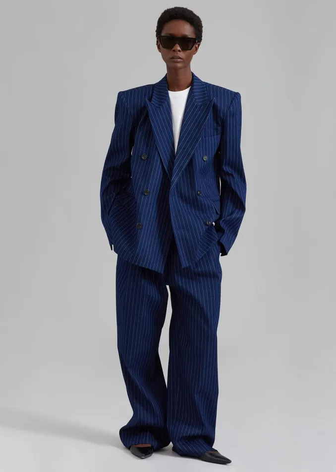 Women Fargo Oversized Denim Padded Blazer 8211 Navy Pinstripe The Frankie Shop Outerwear