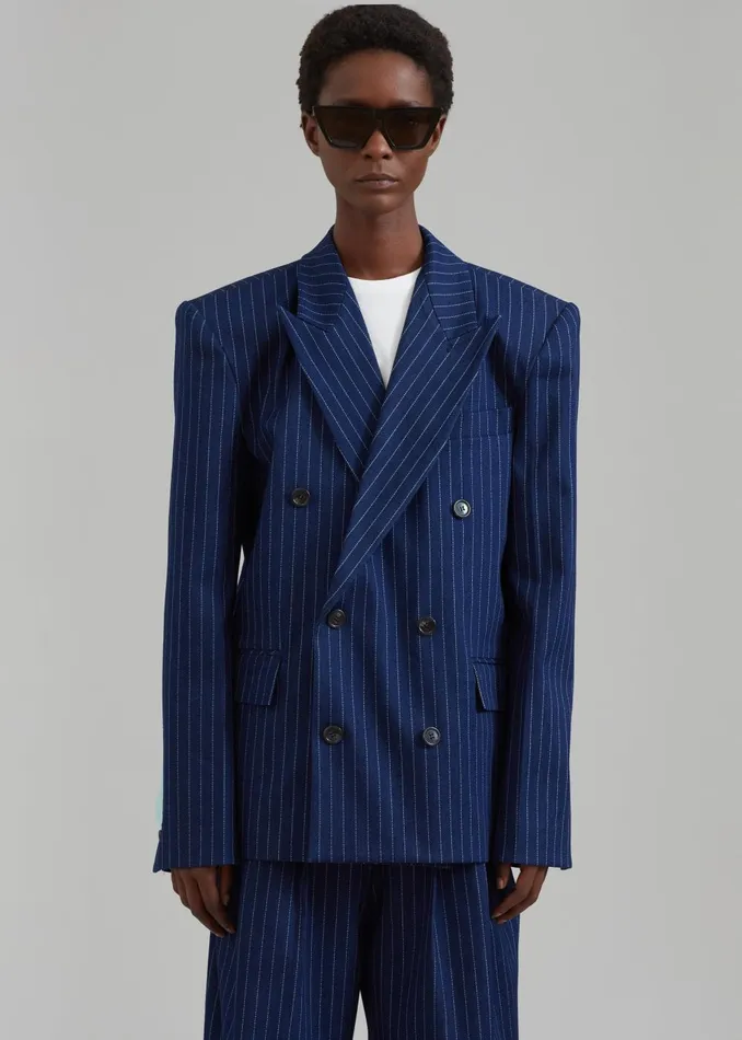 Women Fargo Oversized Denim Padded Blazer 8211 Navy Pinstripe The Frankie Shop Outerwear