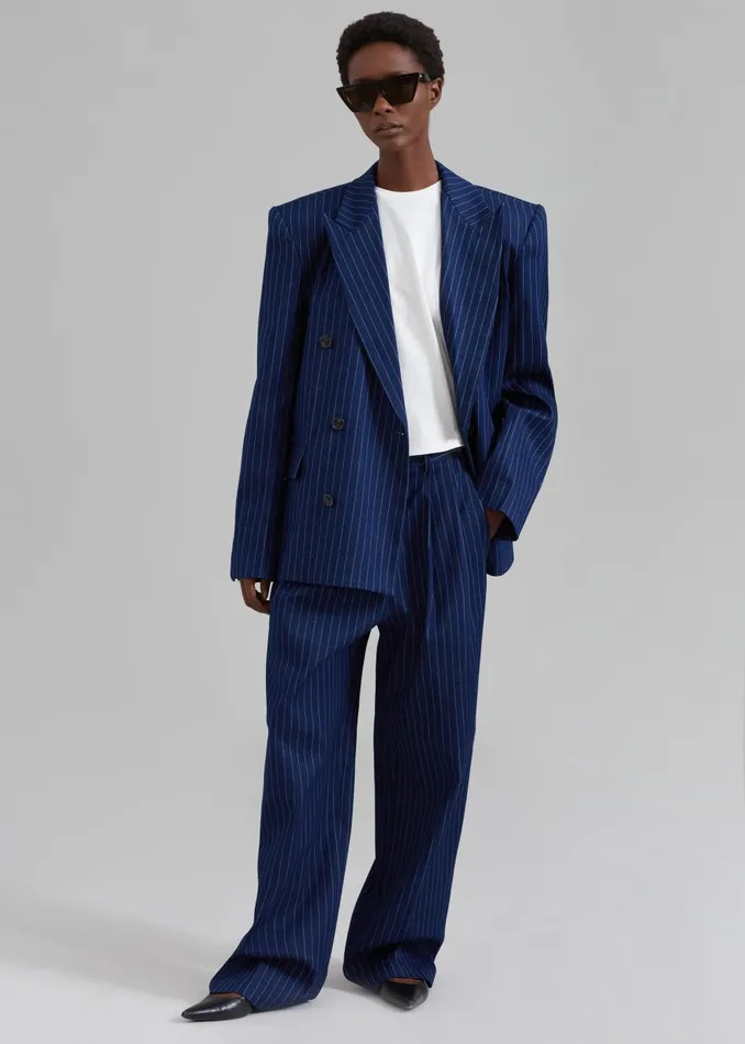 Women Fargo Oversized Denim Padded Blazer 8211 Navy Pinstripe The Frankie Shop Outerwear