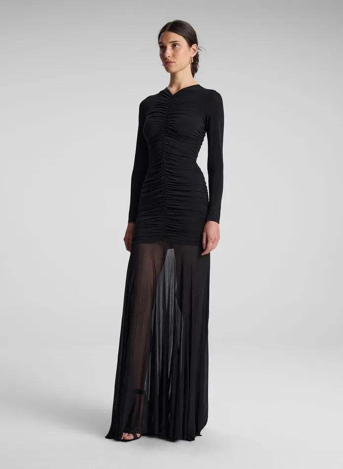 Women Fawn Ruched Mesh Maxi Dress Black ALC Dresses