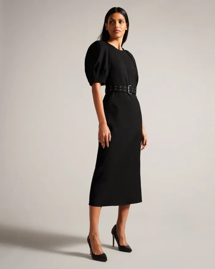 Women GABYELA 8211 Puff Sleeve Midi Dress With Belt Black Ted Baker Dresses Women GABYELA 8211 Puff Sleeve Midi Dress With Belt Black Ted Baker Dresses