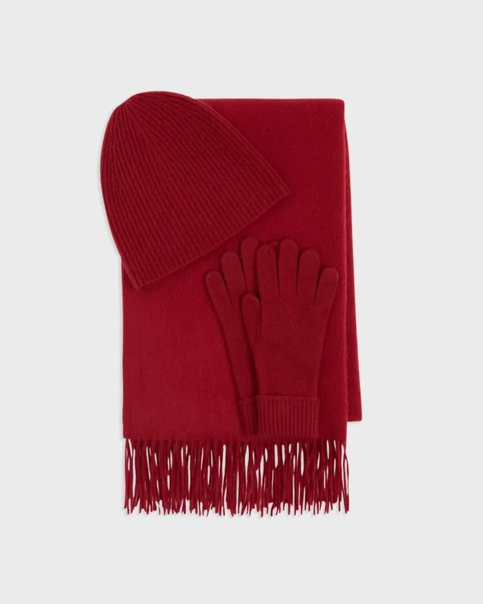 Women Hats Gloves Scarves Theory Scarf Hat and Gloves Set In Cashmere Red Dahlia