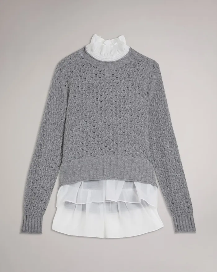 Women HOLINA 8211 Knit Sweater With Mock Shirt Grey Ted Baker Tops and Blouses