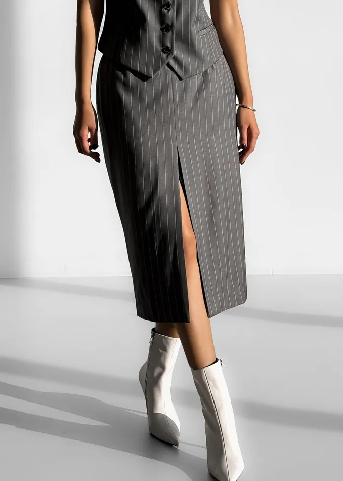 Women Holland Midi Slit Skirt 8211 CharcoalWhite Pinstripe The Frankie Shop Bottoms