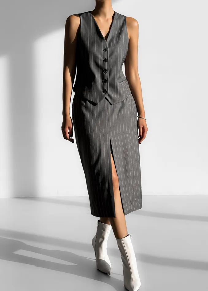 Women Holland Midi Slit Skirt 8211 CharcoalWhite Pinstripe The Frankie Shop Bottoms