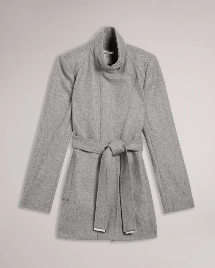 Women ICOMBIS 8211 Funnel Neck Wrap Coat Grey Ted Baker Coats and Jackets