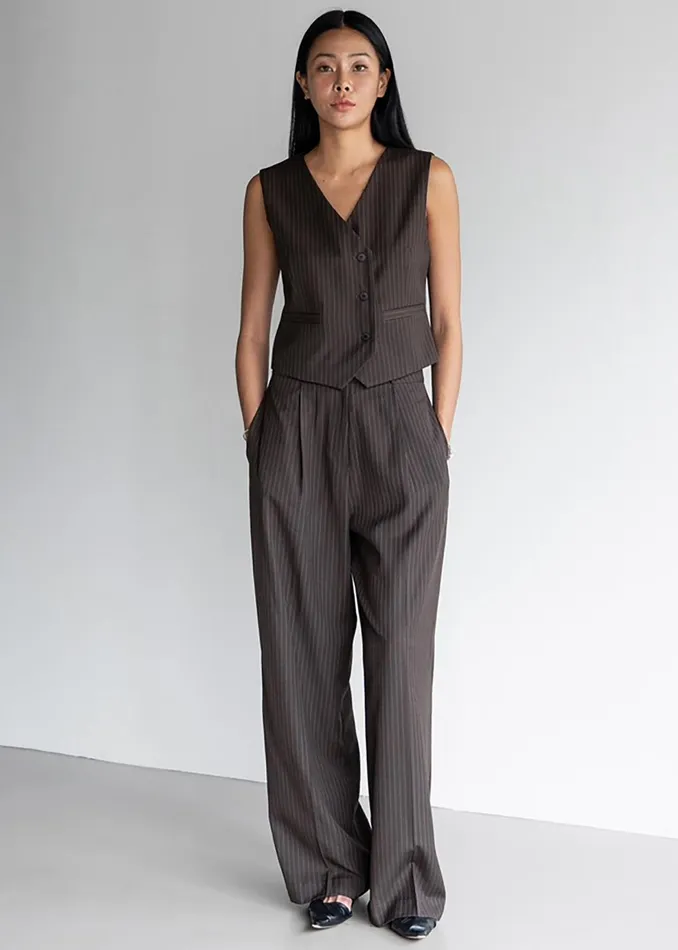 Women Ivey Pintuck Trousers 8211 BrownWhite Pinstripe The Frankie Shop Bottoms