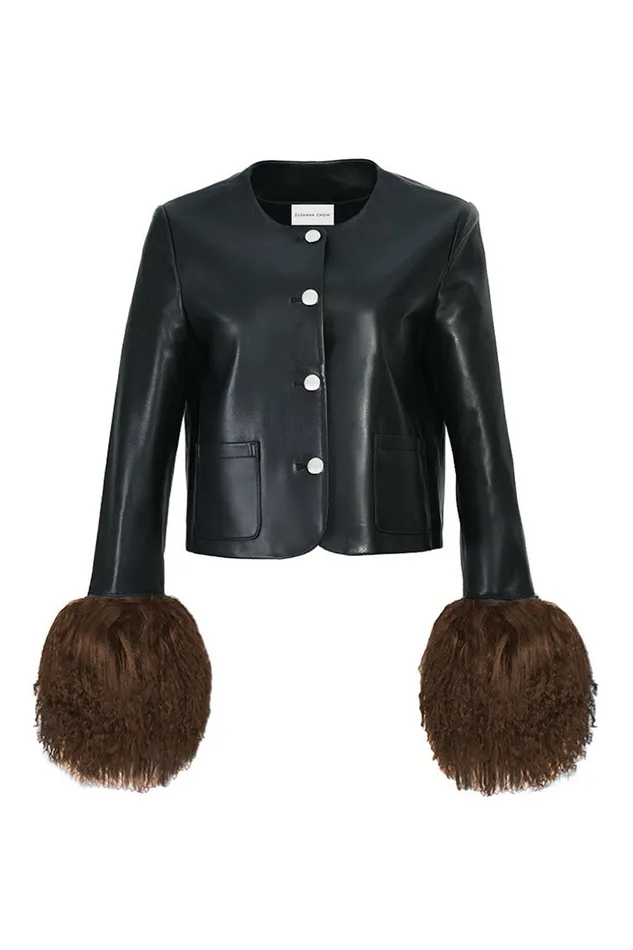 Women Jackets and Coats LoveShackFancy Susanna Chow Frida Leather Jacket Black